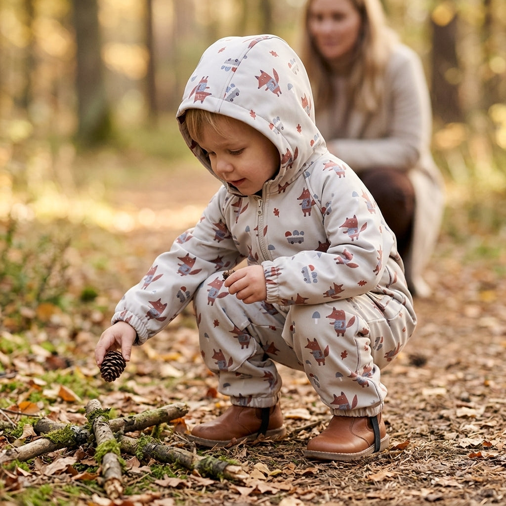 Monkey Mum® Softshellowy kombinezon z membraną – Liski na grzybach - rozm. 98/104, 110/116