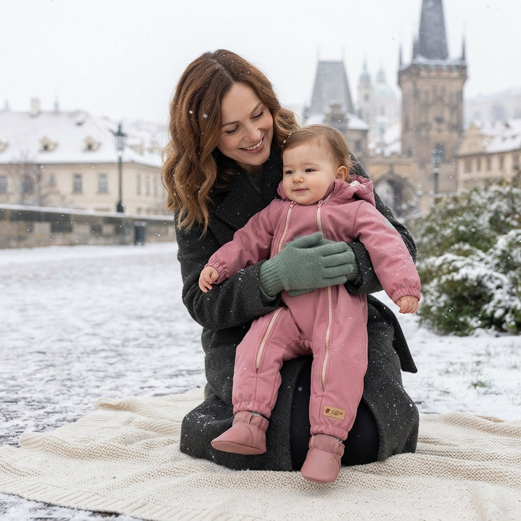 Monkey Mum® Dziecięca zimowa softshellowa kombinezon z barankiem - Różowa owieczka - rozm. 62/68, 74/80