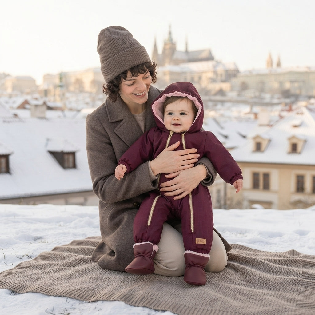 Monkey Mum® Dziecięca zimowa softshellowa kombinezon z barankiem - Bordowa Czerwony Kapturek - rozm. 62/68, 74/80