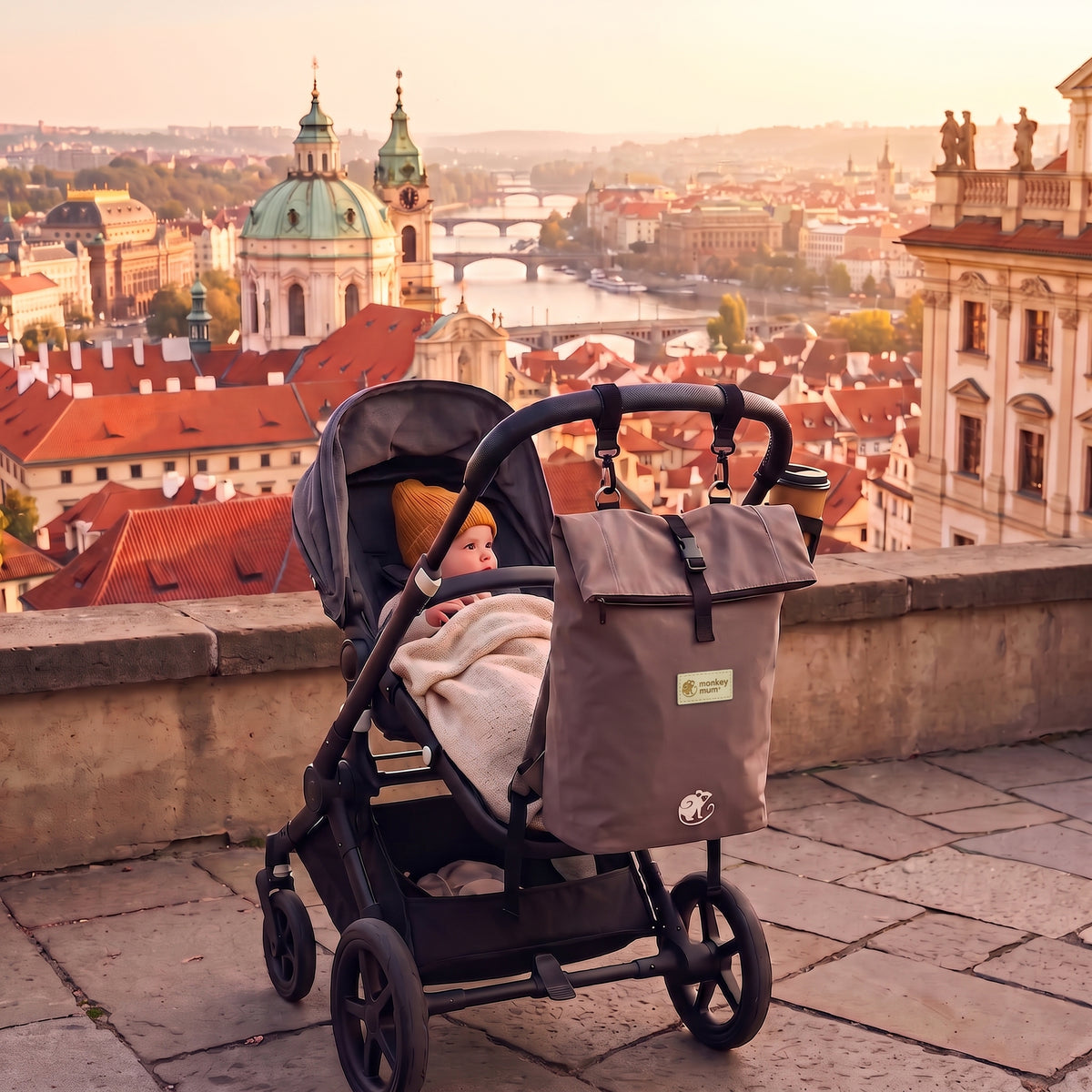 Monkey Mum® Plecak z tkaniny twill do wózka – Świeża bryza