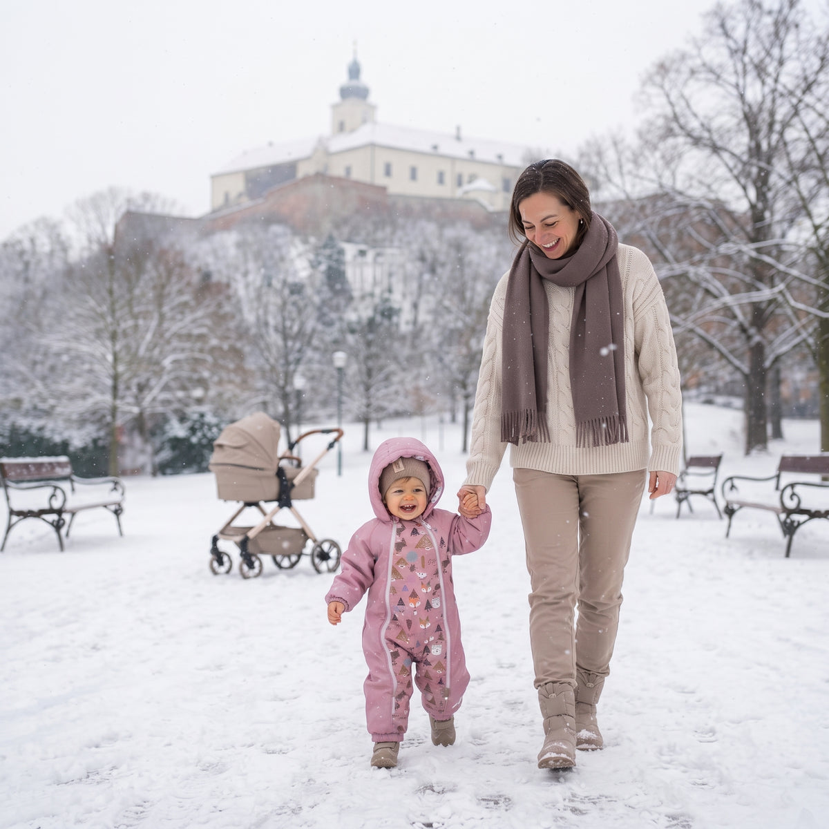 Monkey Mum® Dziecięcy zimowy kombinezon softshellowy z barankiem - Różowa owieczka w lesie - roz. 62/68, 74/80