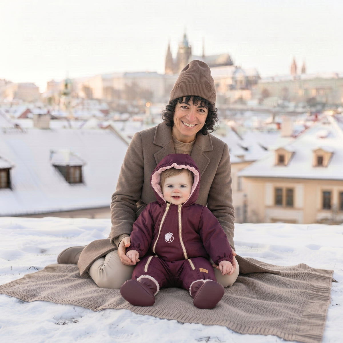 Monkey Mum® Dziecięca zimowa softshellowa kombinezon z barankiem - Bordowa Czerwony Kapturek - rozm. 62/68, 74/80