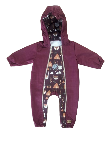 Monkey Mum® Dziecięcy zimowy kombinezon softshellowy z barankiem - Bordowy Czerwony Kapturek w lesie - roz. 62/68, 74/80