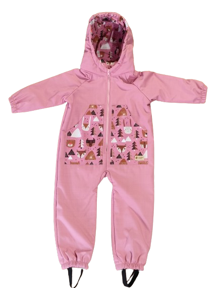 Monkey Mum® Dziecięcy zimowy kombinezon softshellowy z barankiem - Różowa owieczka w lesie - roz. 98/104, 110/116