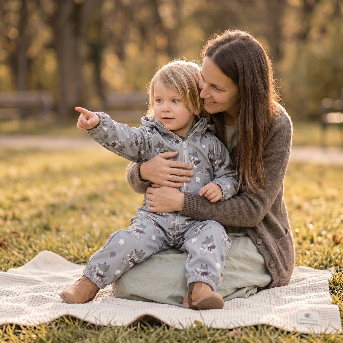 Monkey Mum® Kombinezon softshellowy z membraną – Wilki na rowerze - rozm. 98/104, 110/116