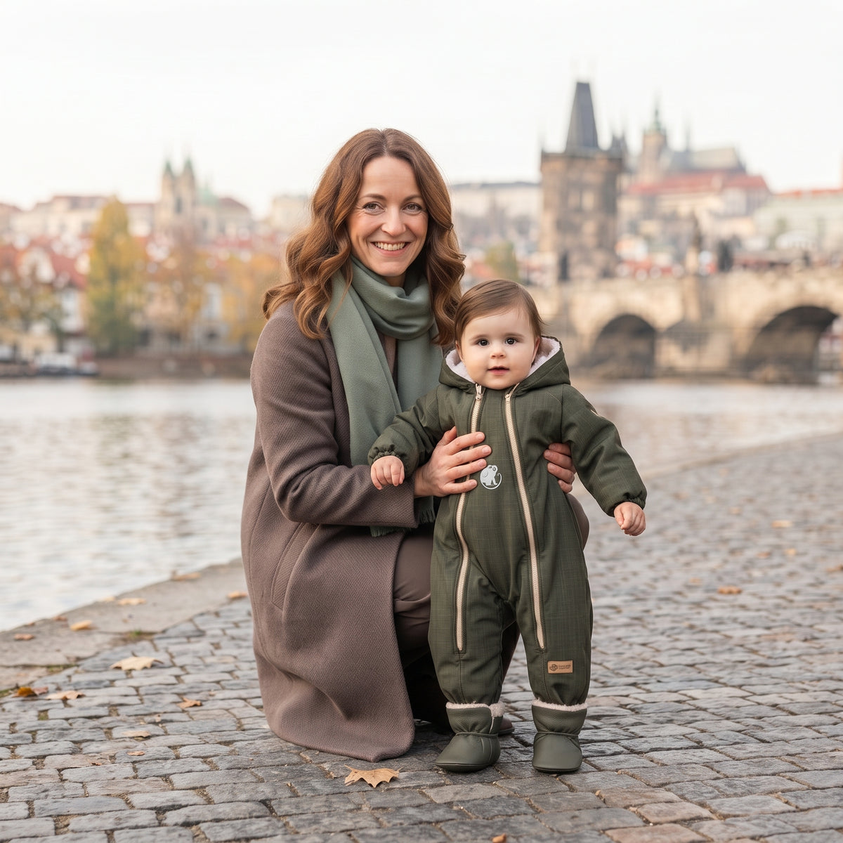 Monkey Mum® Dziecięca zimowa softshellowa kombinezon z barankiem - Khaki myśliwy - rozm. 62/68, 74/80