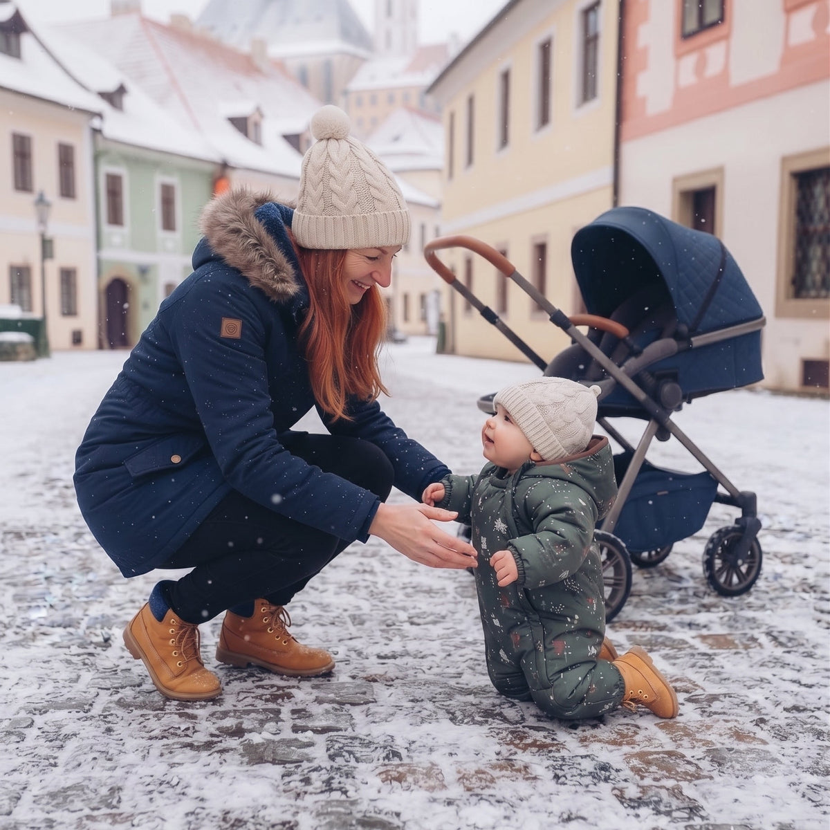 Monkey Mum® Dziecięcy zimowy kombinezon softshellowy z barankiem - Khaki mały myśliwy z niedźwiedziem - roz.62/68, 74/80
