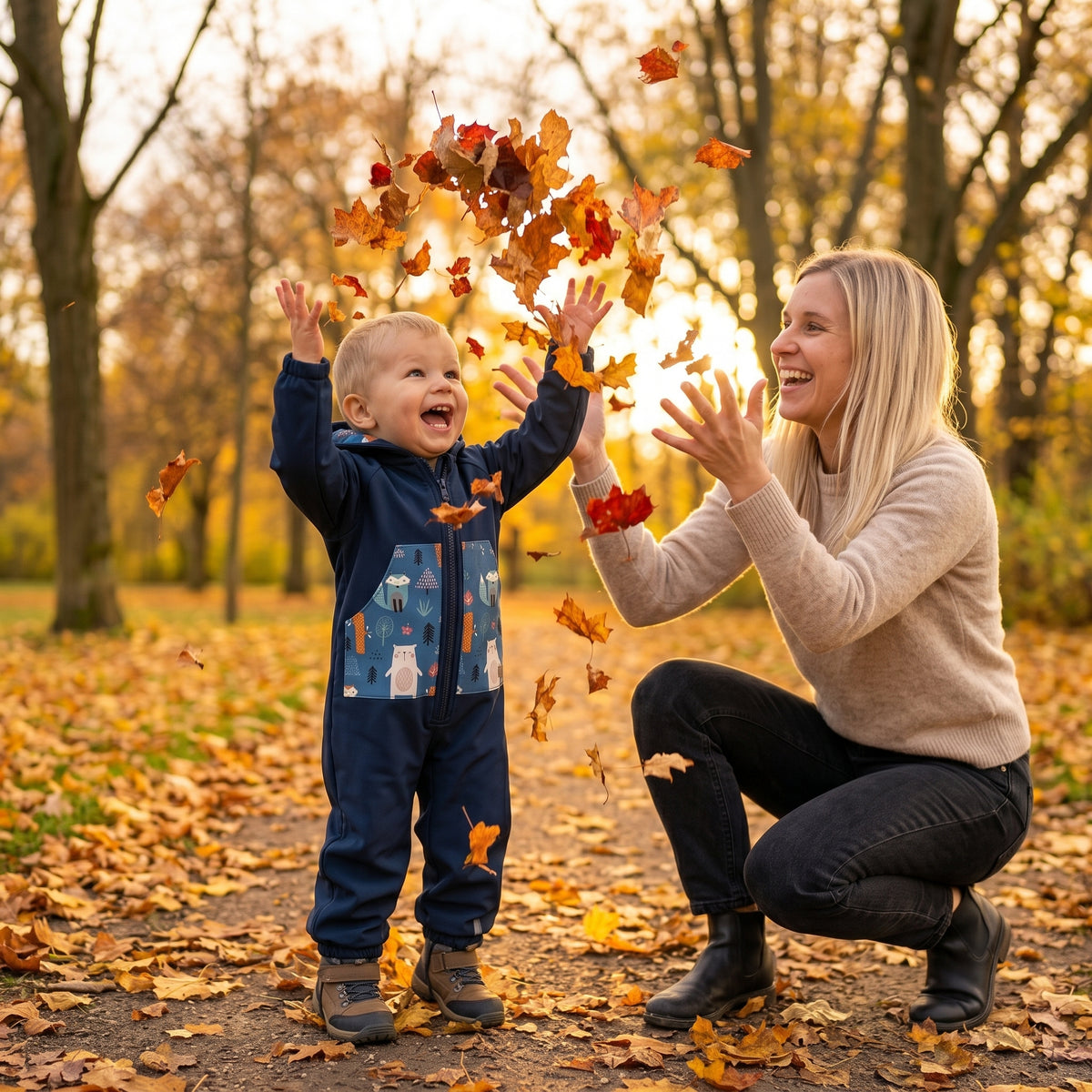 Monkey Mum® Kombinezon softshellowy z membraną – Nocne niebo ze zwierzątkami - roz. 98/104, 110/116
