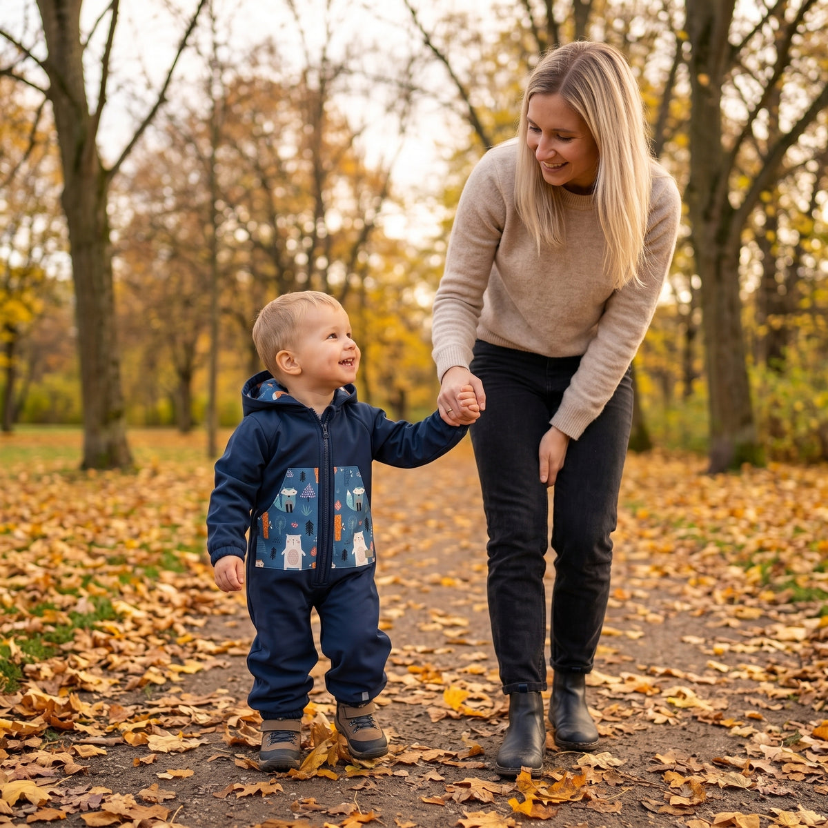 Monkey Mum® Kombinezon softshellowy z membraną – Nocne niebo ze zwierzątkami - roz. 98/104, 110/116