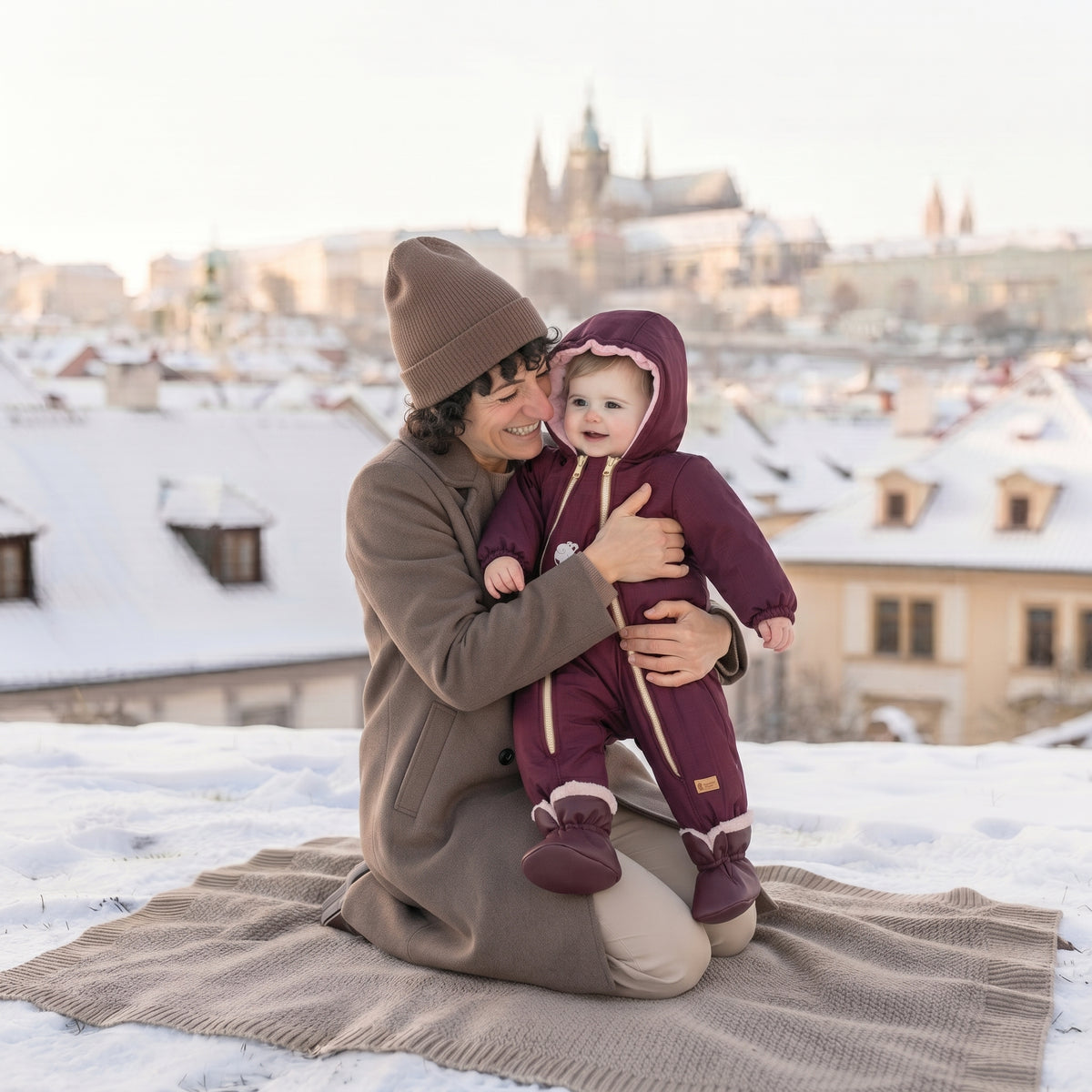 Monkey Mum® Dziecięca zimowa softshellowa kombinezon z barankiem - Bordowa Czerwony Kapturek - rozm. 62/68, 74/80