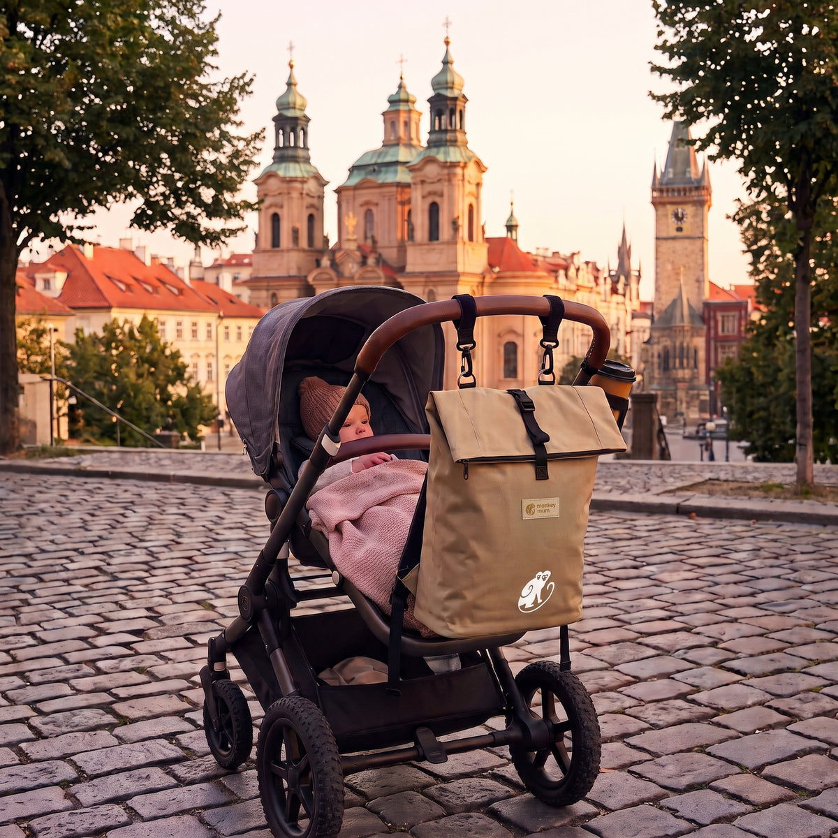 Monkey Mum® Plecak z tkaniny twill do wózka – Pustynny piasek