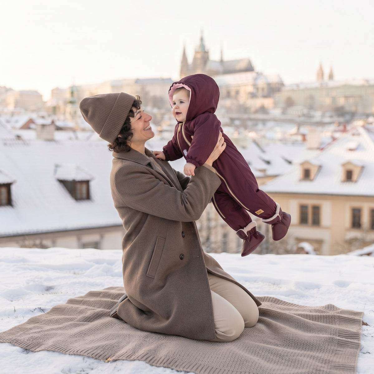 Monkey Mum® Dziecięca zimowa softshellowa kombinezon z barankiem - Bordowa Czerwony Kapturek - rozm. 62/68, 74/80