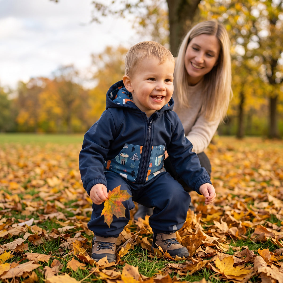 Monkey Mum® Kombinezon softshellowy z membraną – Nocne niebo ze zwierzątkami - roz. 98/104, 110/116