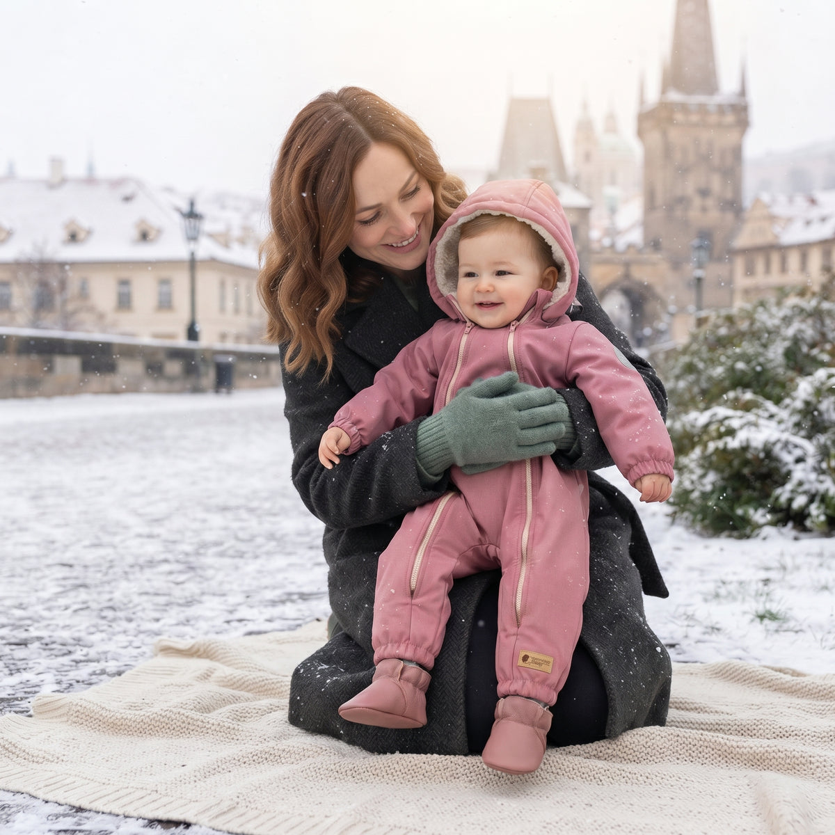 Monkey Mum® Dziecięca zimowa softshellowa kombinezon z barankiem - Różowa owieczka - rozm. 62/68, 74/80