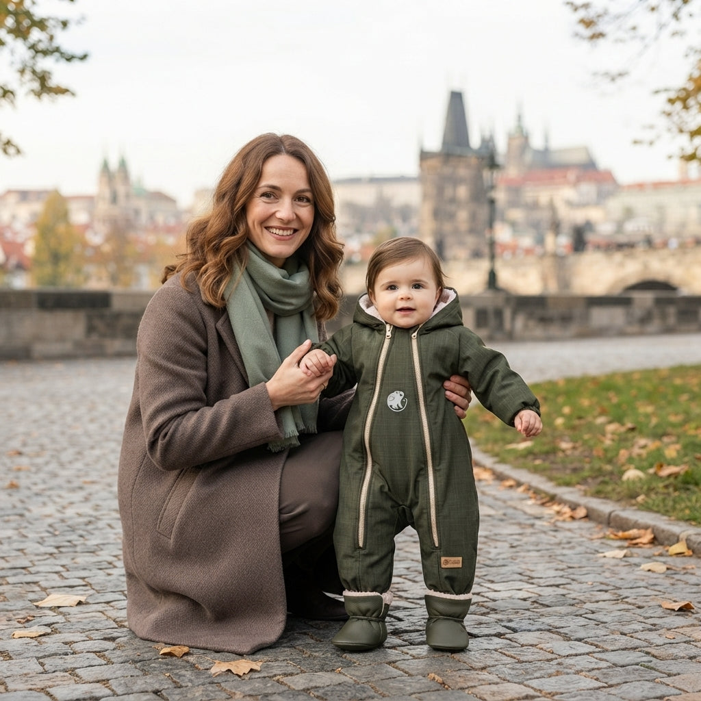 Monkey Mum® Dziecięca zimowa softshellowa kombinezon z barankiem - Khaki myśliwy - rozm. 62/68, 74/80
