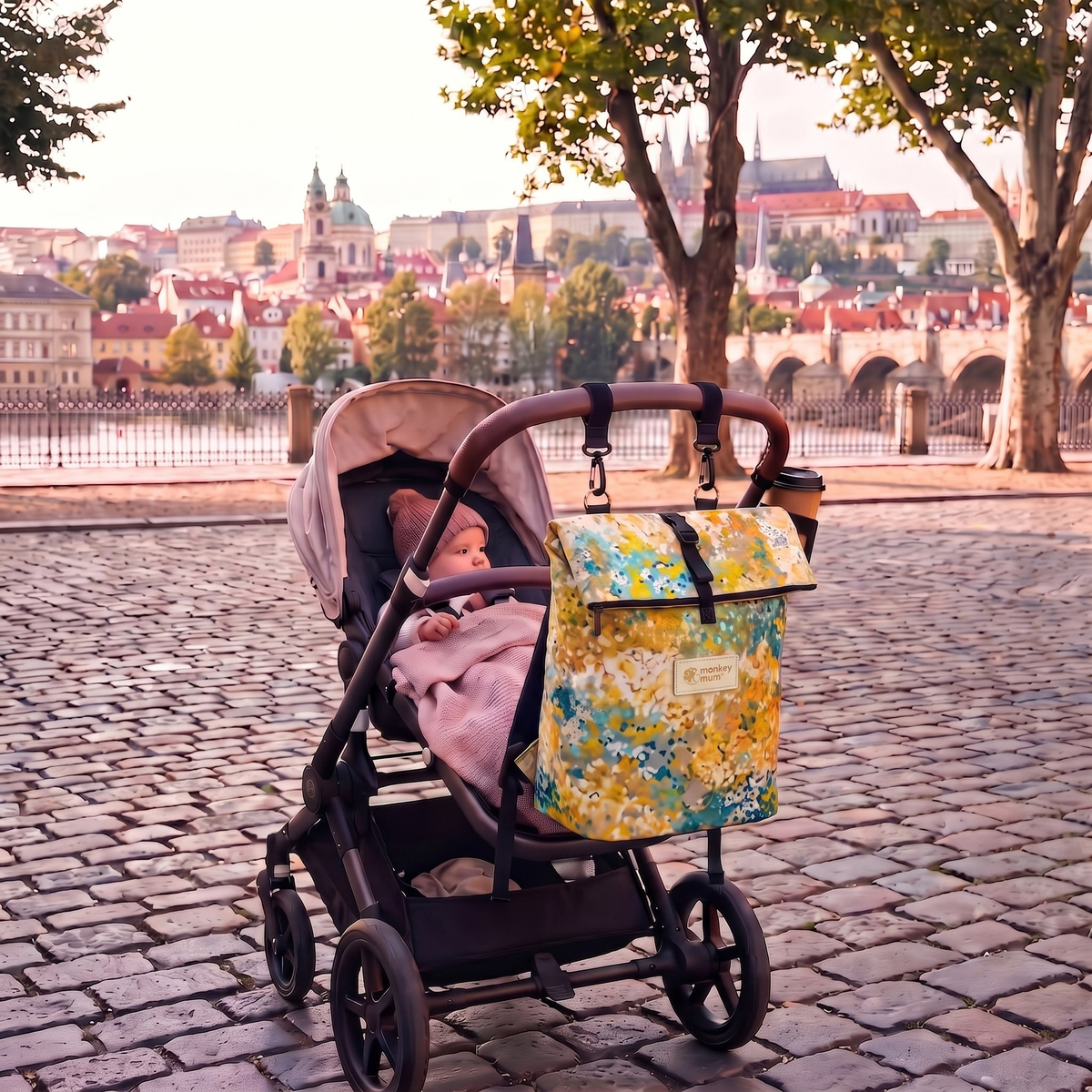 Monkey Mum® Plecak z tkaniny twill do wózka – Kwitnąca łąka