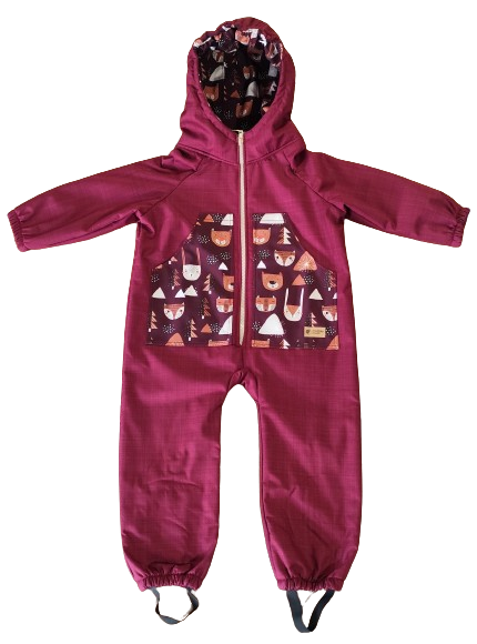 Monkey Mum® Dziecięcy zimowy kombinezon softshellowy z barankiem - Bordowy Czerwony Kapturek w lesie - roz. 98/104, 110/116