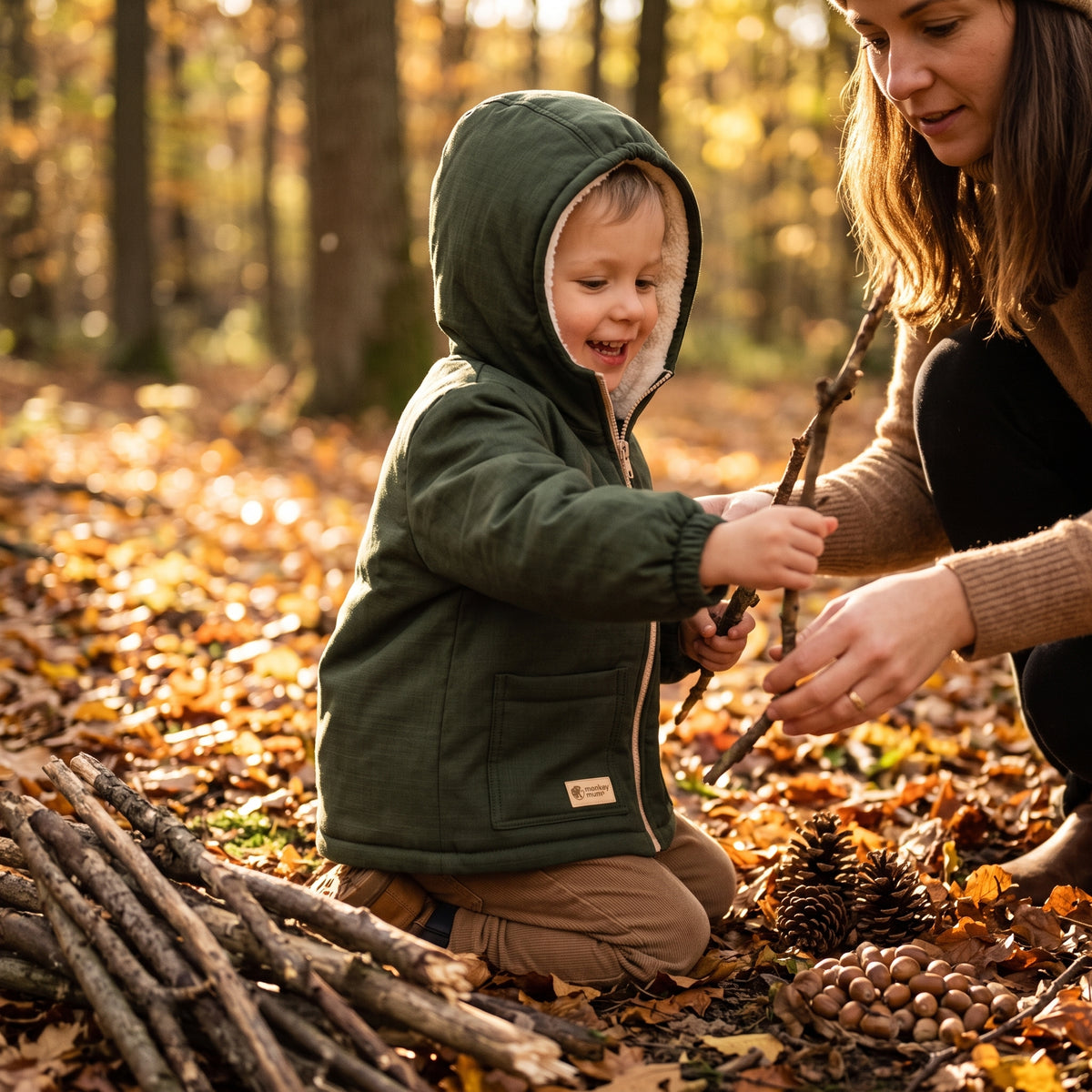 Dziecięca zimowa softshellowa kurtka z barankiem Monkey Mum® - Khaki myśliwy