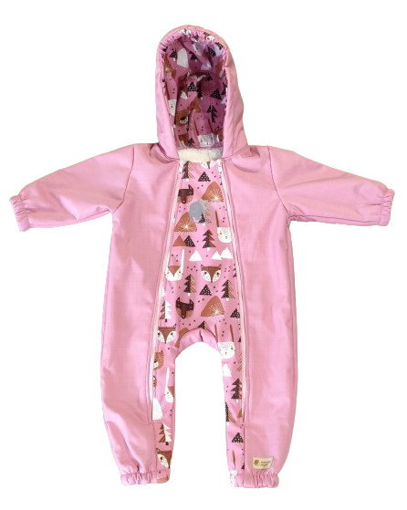 Monkey Mum® Dziecięcy zimowy kombinezon softshellowy z barankiem - Różowa owieczka w lesie - roz. 62/68, 74/80